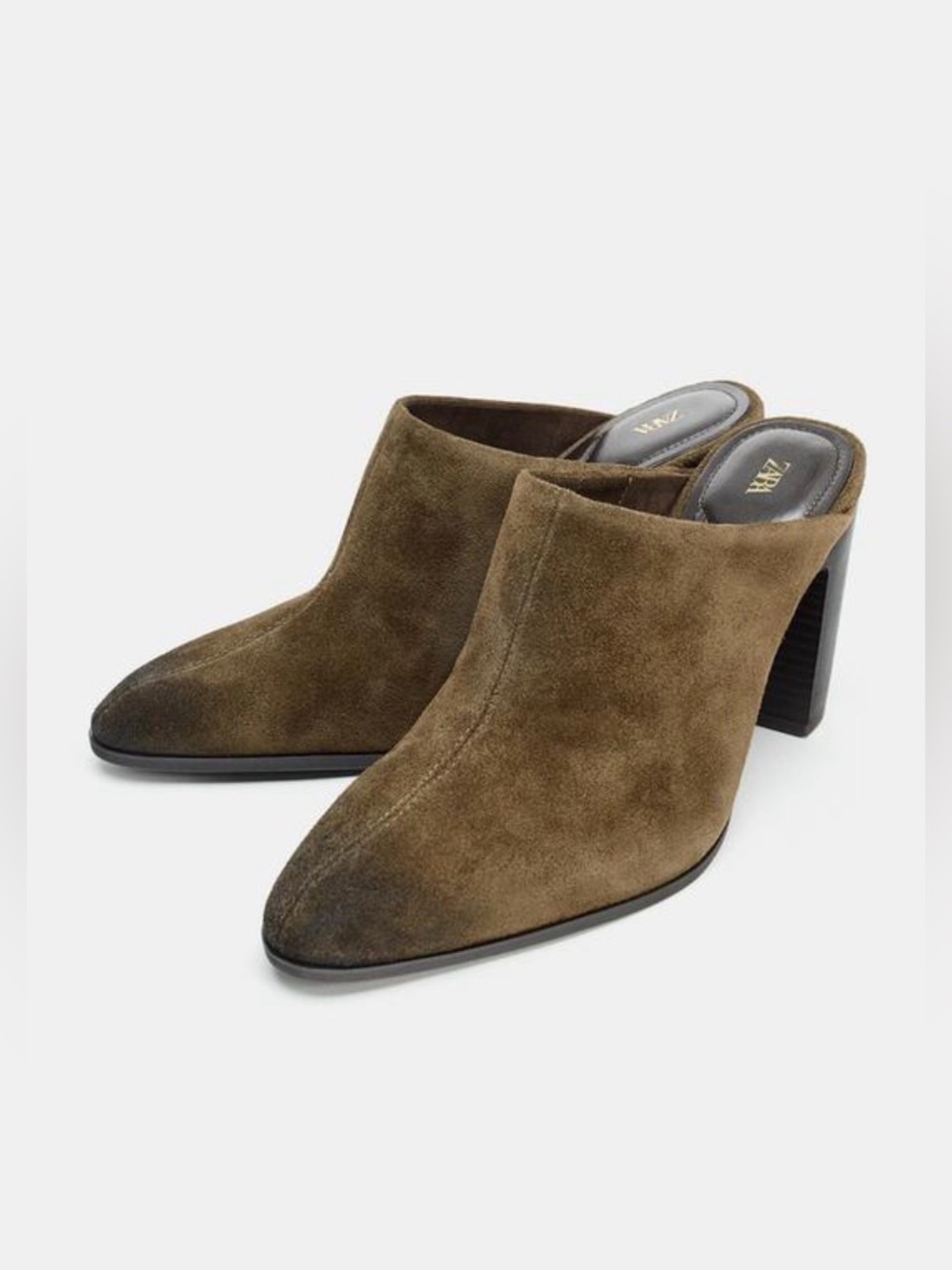 🔥🔥 Zara Olive distressed split Suede mules 100% leather